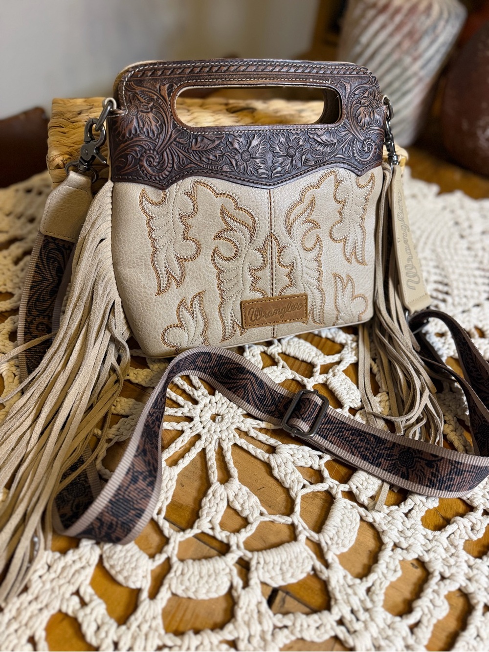 Wrangler Western Fringe Crossbody Bag Ivory Brown Tooled Floral Cowgirl Purse